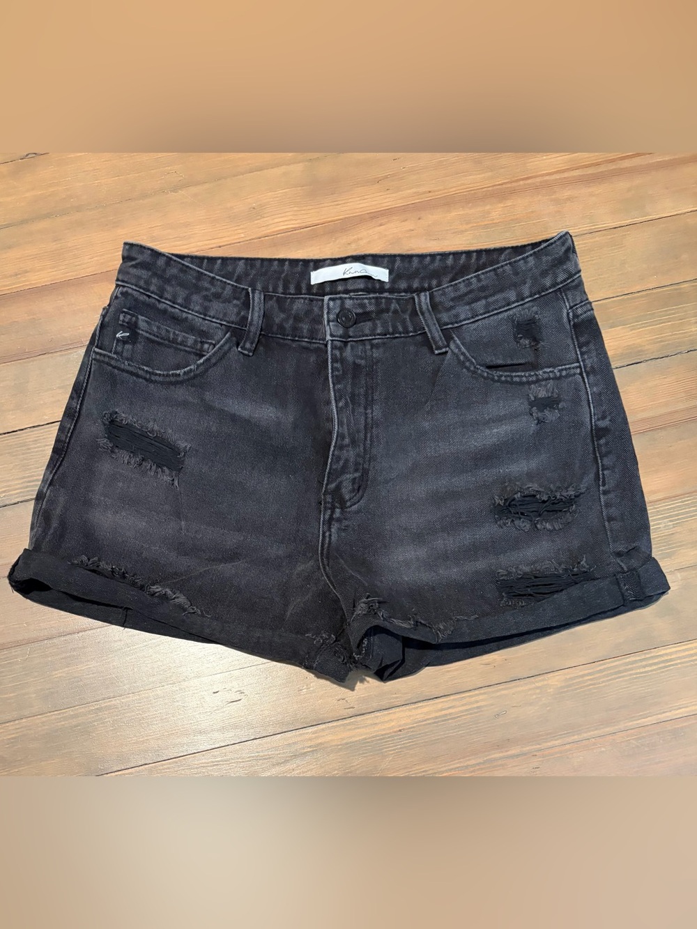 KanCan Black Distressed Rolled-Hem Denim Shorts